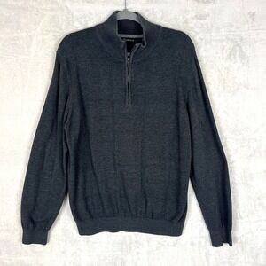 Mens L Charcoal Heather Half Zip Mock Neck Sweater Ribbed Collar Cozy Knit